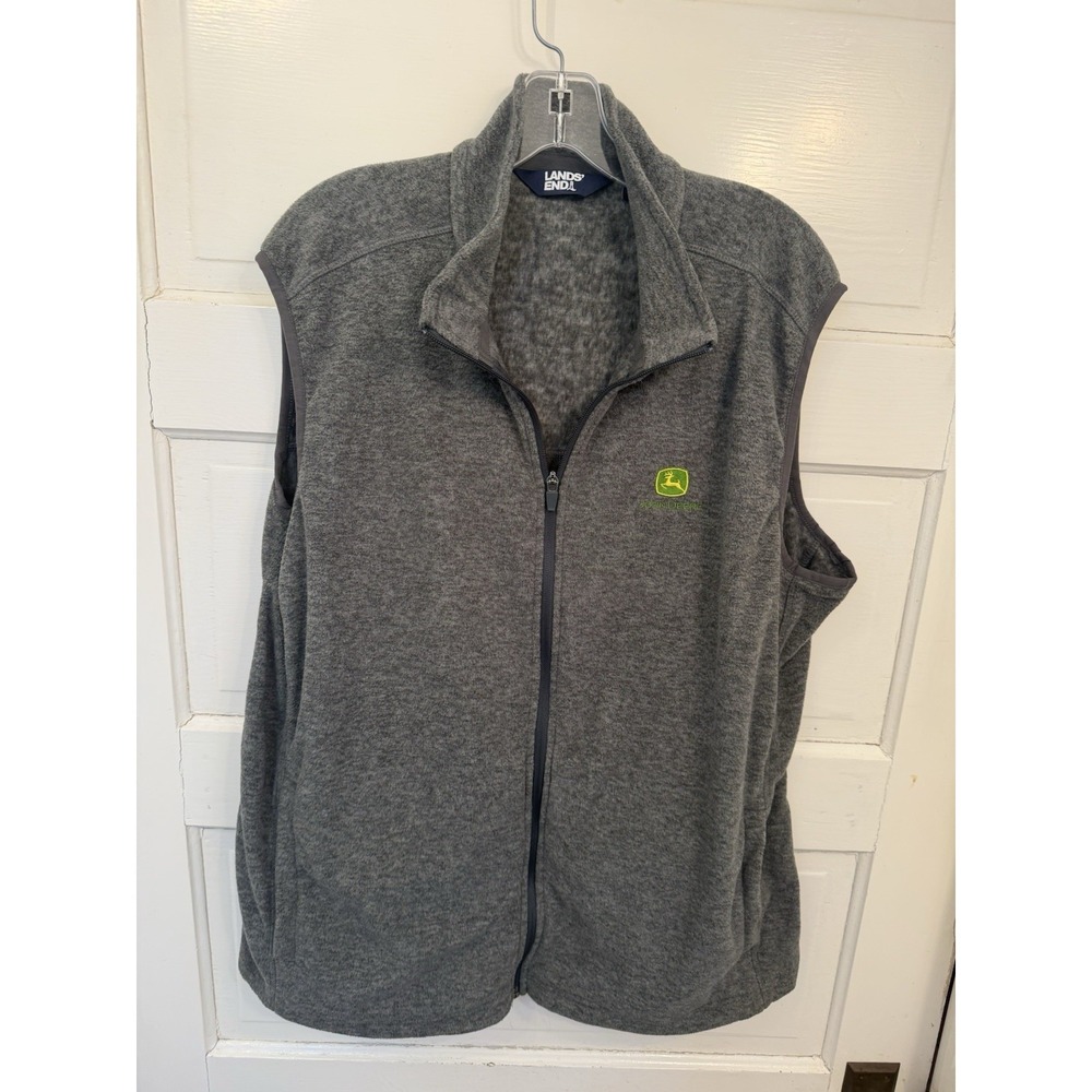 Lands' End Gray Zip Fleece Vest • John Deere Logo • Cozy Outdoor Layer • Size Lg